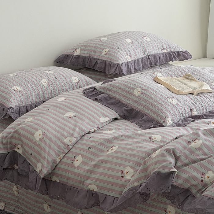 91家纺网 家纺一手货源 找家纺 佰织鑫家居 2025新款全棉法式砂洗棉花床盖款被套四件套泰迪紫