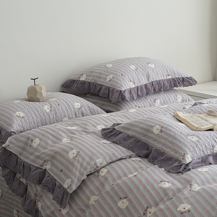 91家纺网 家纺一手货源 找家纺 佰织鑫家居 2025新款全棉法式砂洗棉花床盖款被套四件套泰迪紫