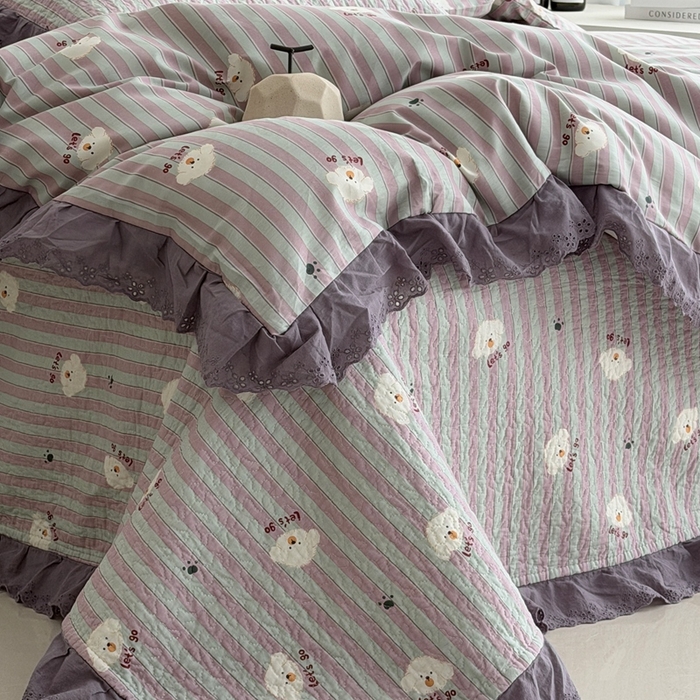 91家纺网 家纺一手货源 找家纺 佰织鑫家居 2025新款全棉法式砂洗棉花床盖款被套四件套泰迪紫