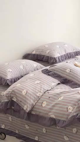 91家纺网 家纺一手货源 找家纺 佰织鑫家居 2025新款全棉法式砂洗棉花床盖款被套四件套泰迪紫