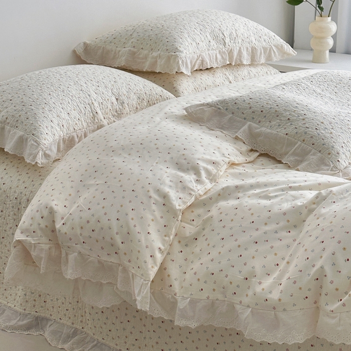 91家纺网 家纺一手货源 找家纺 佰织鑫家居 2025新款全棉法式砂洗棉花床盖款被套四件套小花