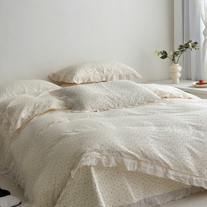 91家纺网 家纺一手货源 找家纺 佰织鑫家居 2025新款全棉法式砂洗棉花床盖款被套四件套小花