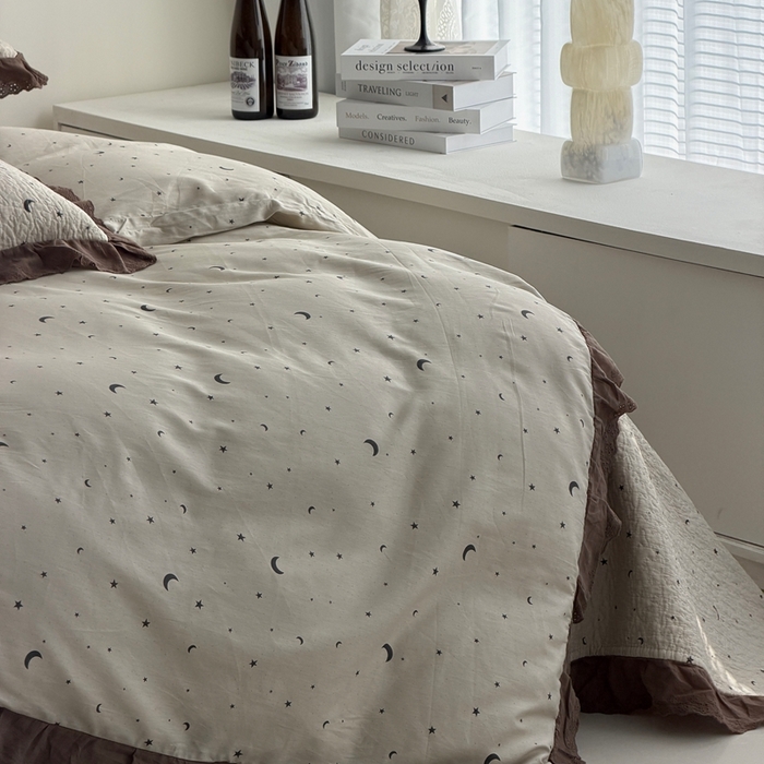 91家纺网 家纺一手货源 找家纺 佰织鑫家居 2025新款全棉法式砂洗棉花床盖款被套四件套星星月亮