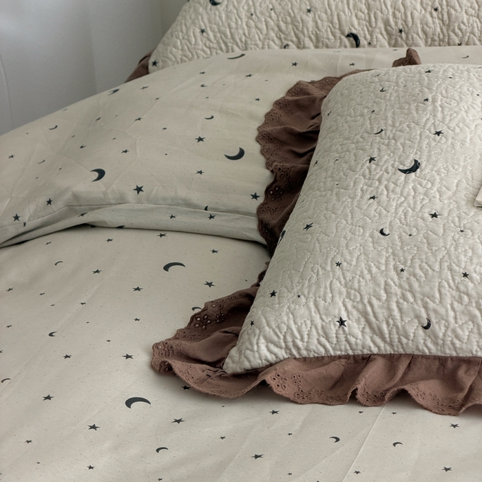 91家纺网 家纺一手货源 找家纺 佰织鑫家居 2025新款全棉法式砂洗棉花床盖款被套四件套星星月亮