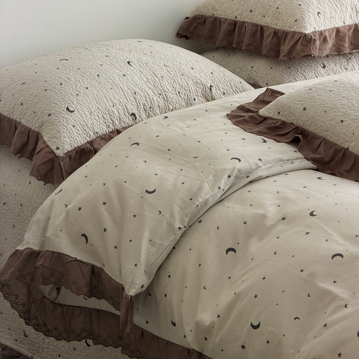 91家纺网 家纺一手货源 找家纺 佰织鑫家居 2025新款全棉法式砂洗棉花床盖款被套四件套星星月亮