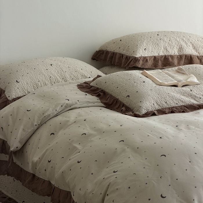 91家纺网 家纺一手货源 找家纺 佰织鑫家居 2025新款全棉法式砂洗棉花床盖款被套四件套星星月亮
