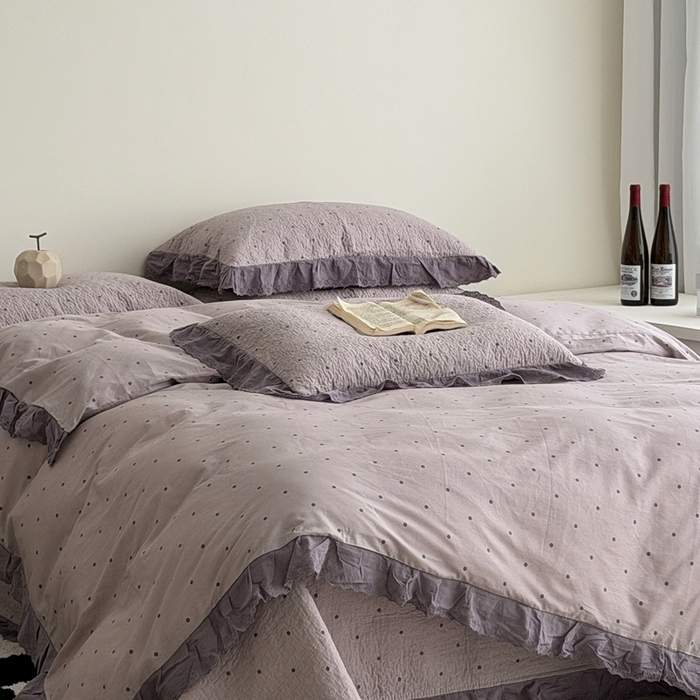 91家纺网 家纺一手货源 找家纺 佰织鑫家居 2025新款全棉法式砂洗棉花床盖款被套四件套紫波点