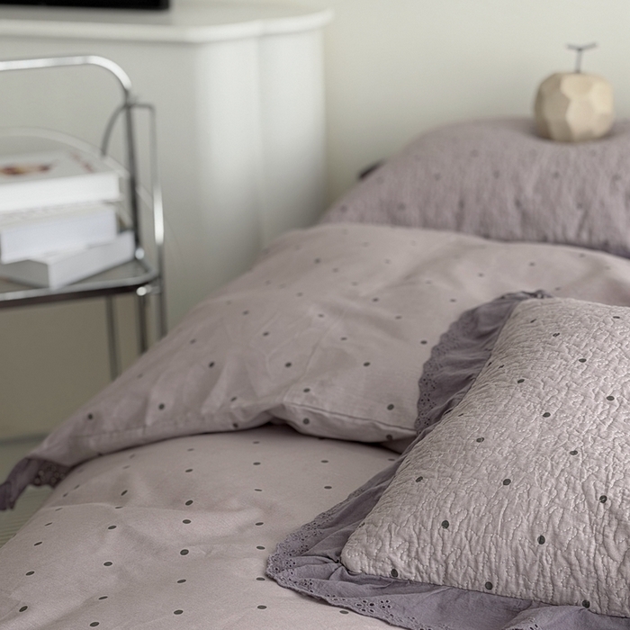 91家纺网 家纺一手货源 找家纺 佰织鑫家居 2025新款全棉法式砂洗棉花床盖款被套四件套紫波点