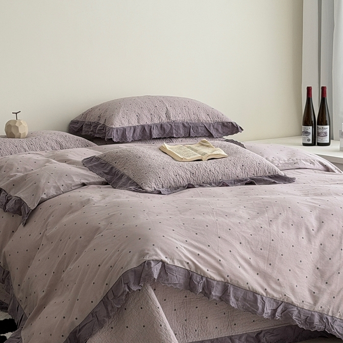 91家纺网 家纺一手货源 找家纺 佰织鑫家居 2025新款全棉法式砂洗棉花床盖款被套四件套紫波点