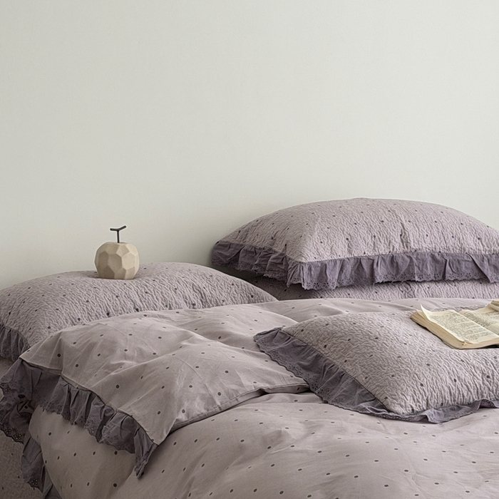 91家纺网 家纺一手货源 找家纺 佰织鑫家居 2025新款全棉法式砂洗棉花床盖款被套四件套紫波点