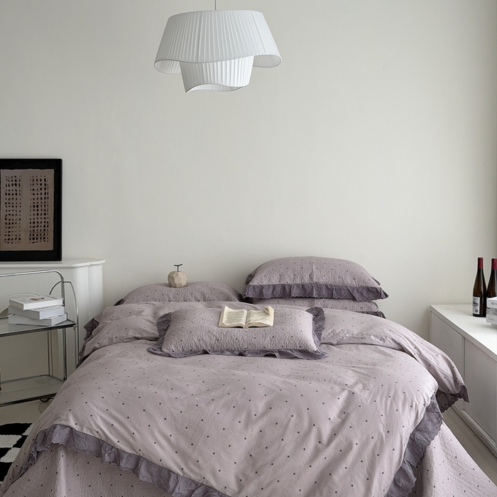 91家纺网 家纺一手货源 找家纺 佰织鑫家居 2025新款全棉法式砂洗棉花床盖款被套四件套紫波点