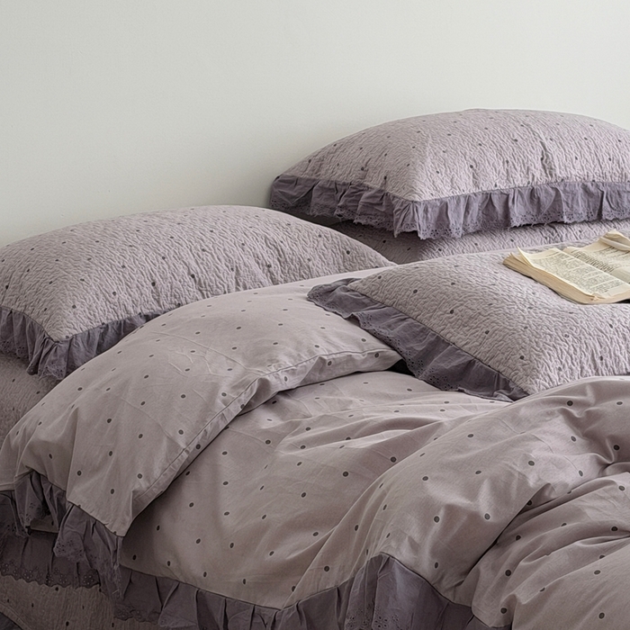 91家纺网 家纺一手货源 找家纺 佰织鑫家居 2025新款全棉法式砂洗棉花床盖款被套四件套紫波点