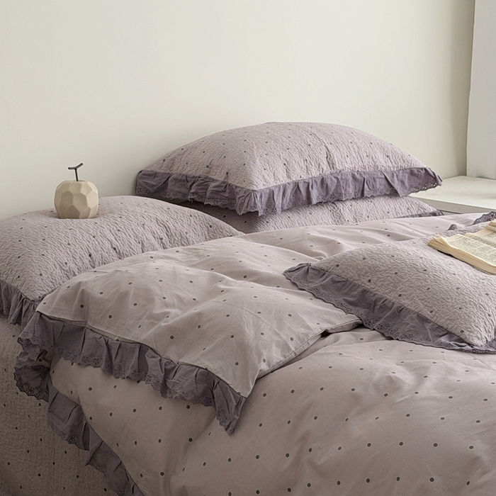 91家纺网 家纺一手货源 找家纺 佰织鑫家居 2025新款全棉法式砂洗棉花床盖款被套四件套紫波点