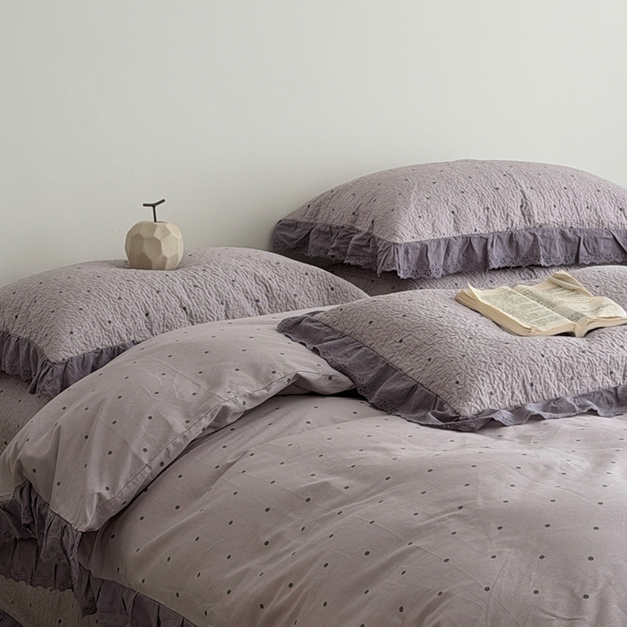 91家纺网 家纺一手货源 找家纺 佰织鑫家居 2025新款全棉法式砂洗棉花床盖款被套四件套紫波点
