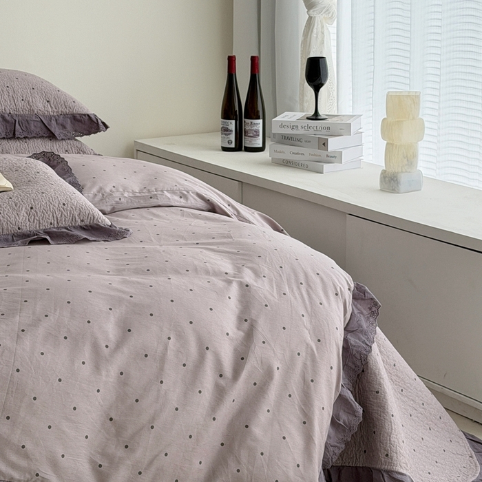 91家纺网 家纺一手货源 找家纺 佰织鑫家居 2025新款全棉法式砂洗棉花床盖款被套四件套紫波点