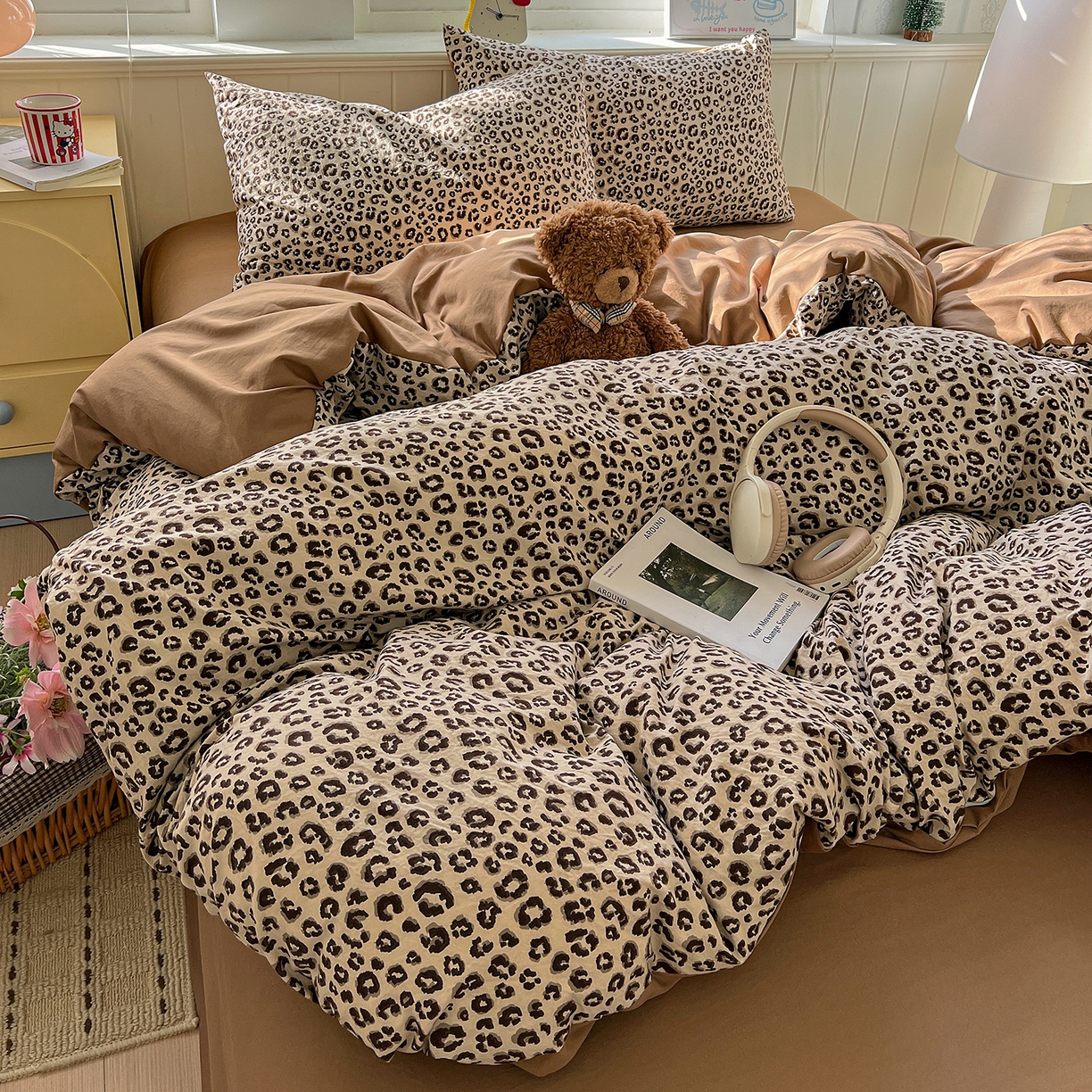 91家纺网 家纺一手货源 找家纺 凯洛奇 2026新款A类仿棉四件套古法水洗棉小清新印花四件套单被套系列 豹纹