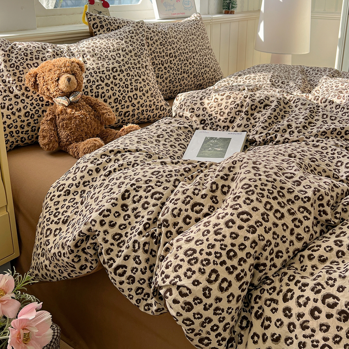 91家纺网 家纺一手货源 找家纺 凯洛奇 2026新款A类仿棉四件套古法水洗棉小清新印花四件套单被套系列 豹纹