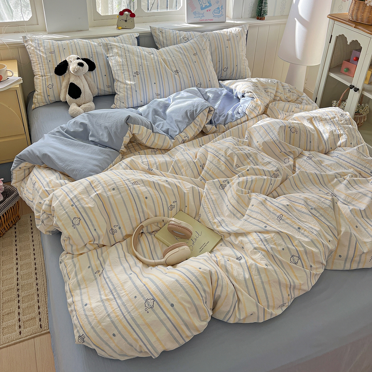 91家纺网 家纺一手货源 找家纺 凯洛奇 2026新款A类仿棉四件套古法水洗棉小清新印花四件套单被套系列 畅游海洋