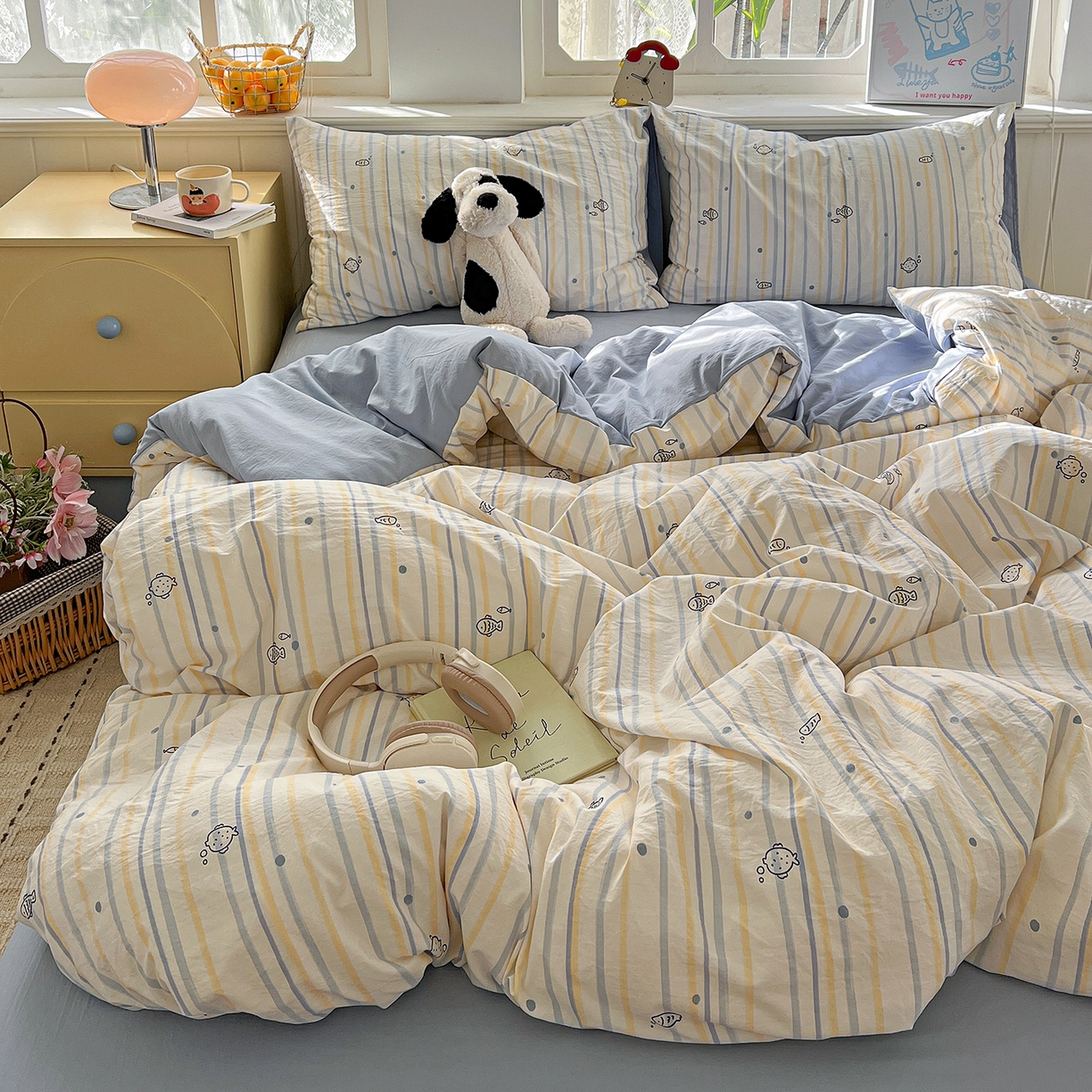 91家纺网 家纺一手货源 找家纺 凯洛奇 2026新款A类仿棉四件套古法水洗棉小清新印花四件套单被套系列 畅游海洋