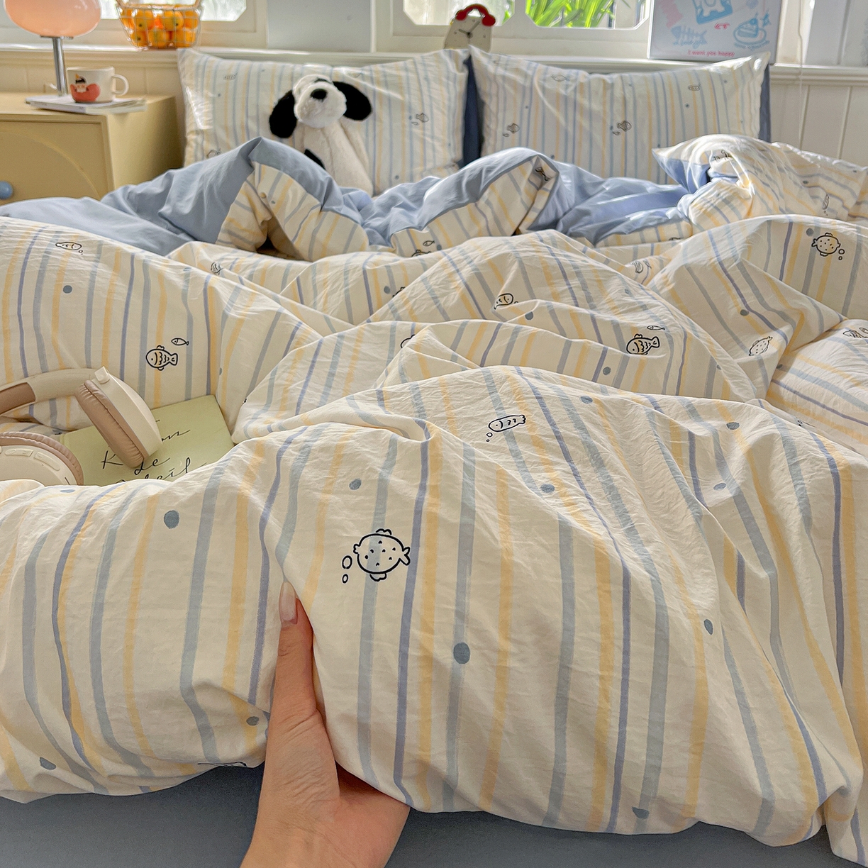 91家纺网 家纺一手货源 找家纺 凯洛奇 2026新款A类仿棉四件套古法水洗棉小清新印花四件套单被套系列 畅游海洋