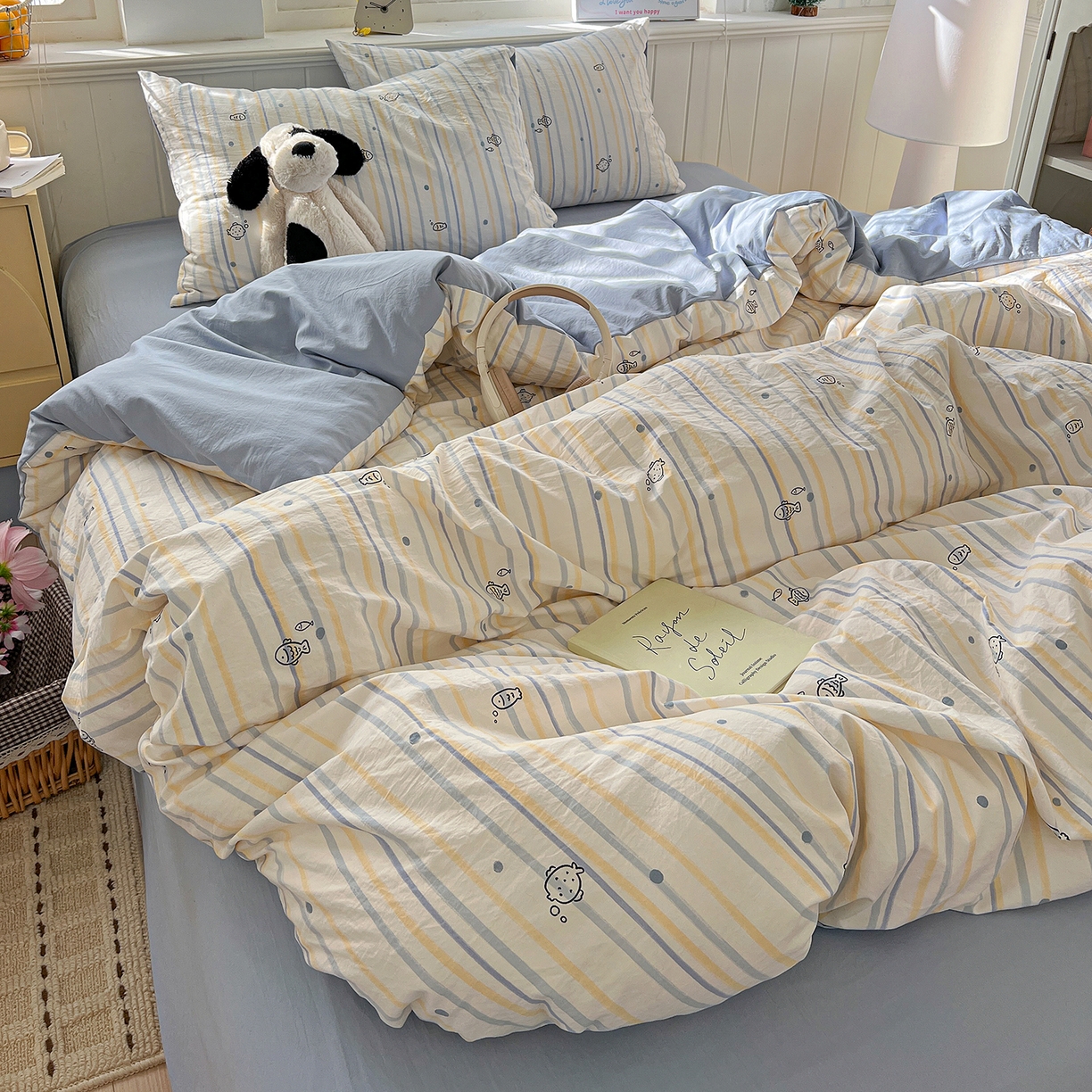 91家纺网 家纺一手货源 找家纺 凯洛奇 2026新款A类仿棉四件套古法水洗棉小清新印花四件套单被套系列 畅游海洋