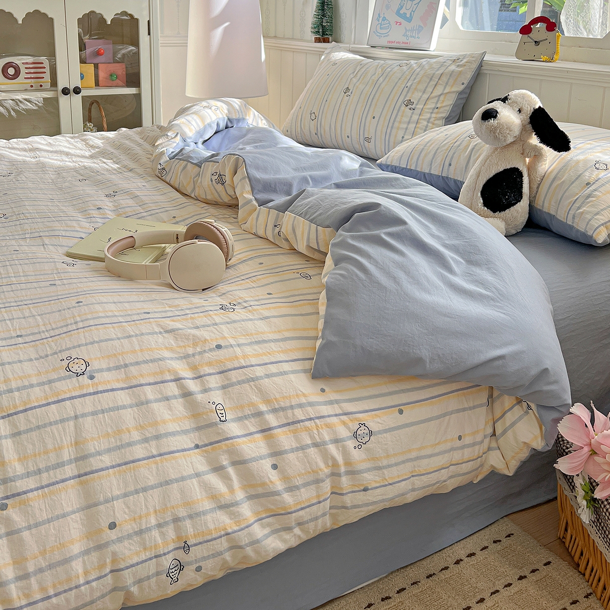 91家纺网 家纺一手货源 找家纺 凯洛奇 2026新款A类仿棉四件套古法水洗棉小清新印花四件套单被套系列 畅游海洋