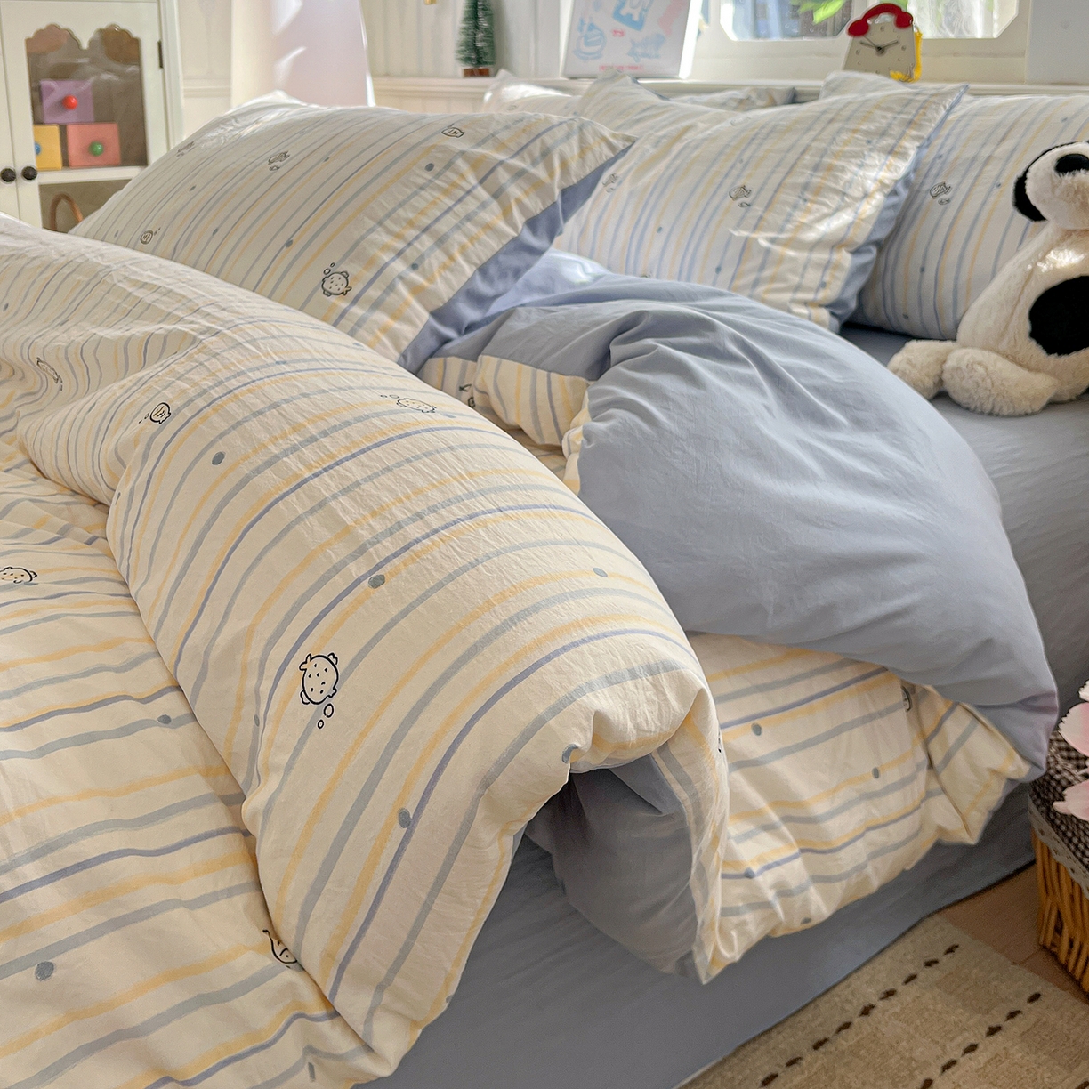 91家纺网 家纺一手货源 找家纺 凯洛奇 2026新款A类仿棉四件套古法水洗棉小清新印花四件套单被套系列 畅游海洋