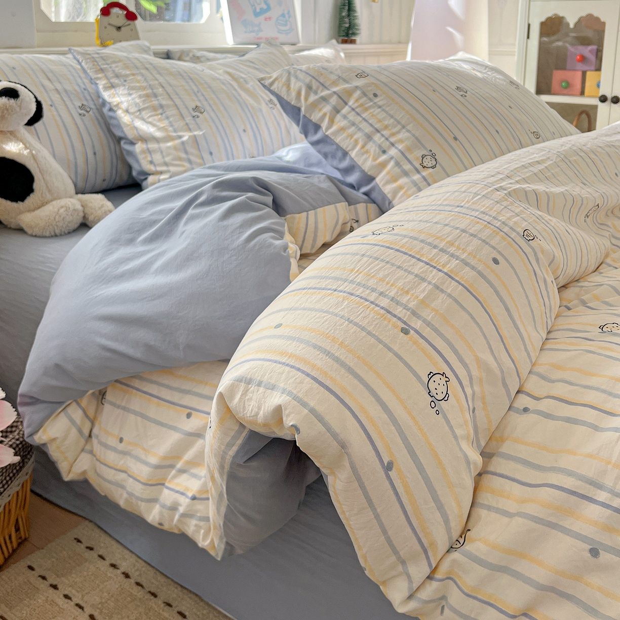 91家纺网 家纺一手货源 找家纺 凯洛奇 2026新款A类仿棉四件套古法水洗棉小清新印花四件套单被套系列 畅游海洋