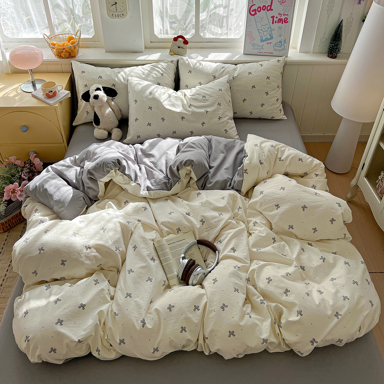 91家纺网 家纺一手货源 找家纺 凯洛奇 2026新款A类仿棉四件套古法水洗棉小清新印花四件套单被套系列 黑色蝴蝶结