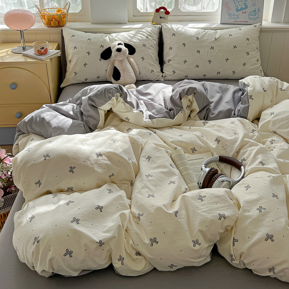 91家纺网 家纺一手货源 找家纺 凯洛奇 2026新款A类仿棉四件套古法水洗棉小清新印花四件套单被套系列 黑色蝴蝶结