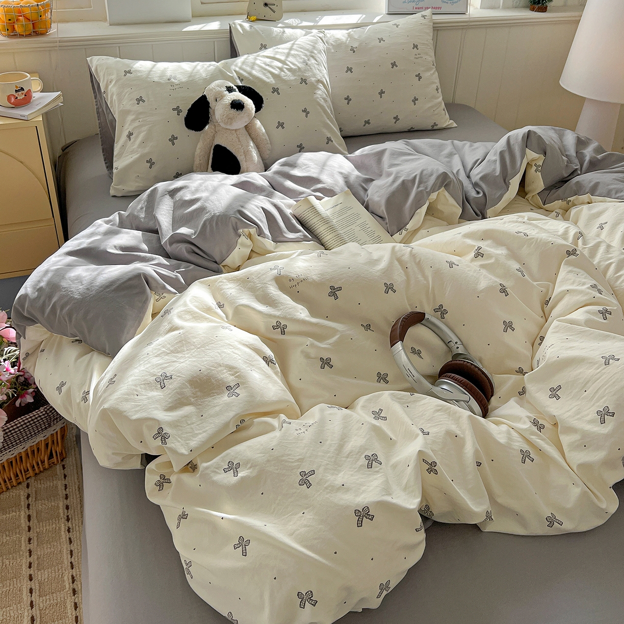 91家纺网 家纺一手货源 找家纺 凯洛奇 2026新款A类仿棉四件套古法水洗棉小清新印花四件套单被套系列 黑色蝴蝶结