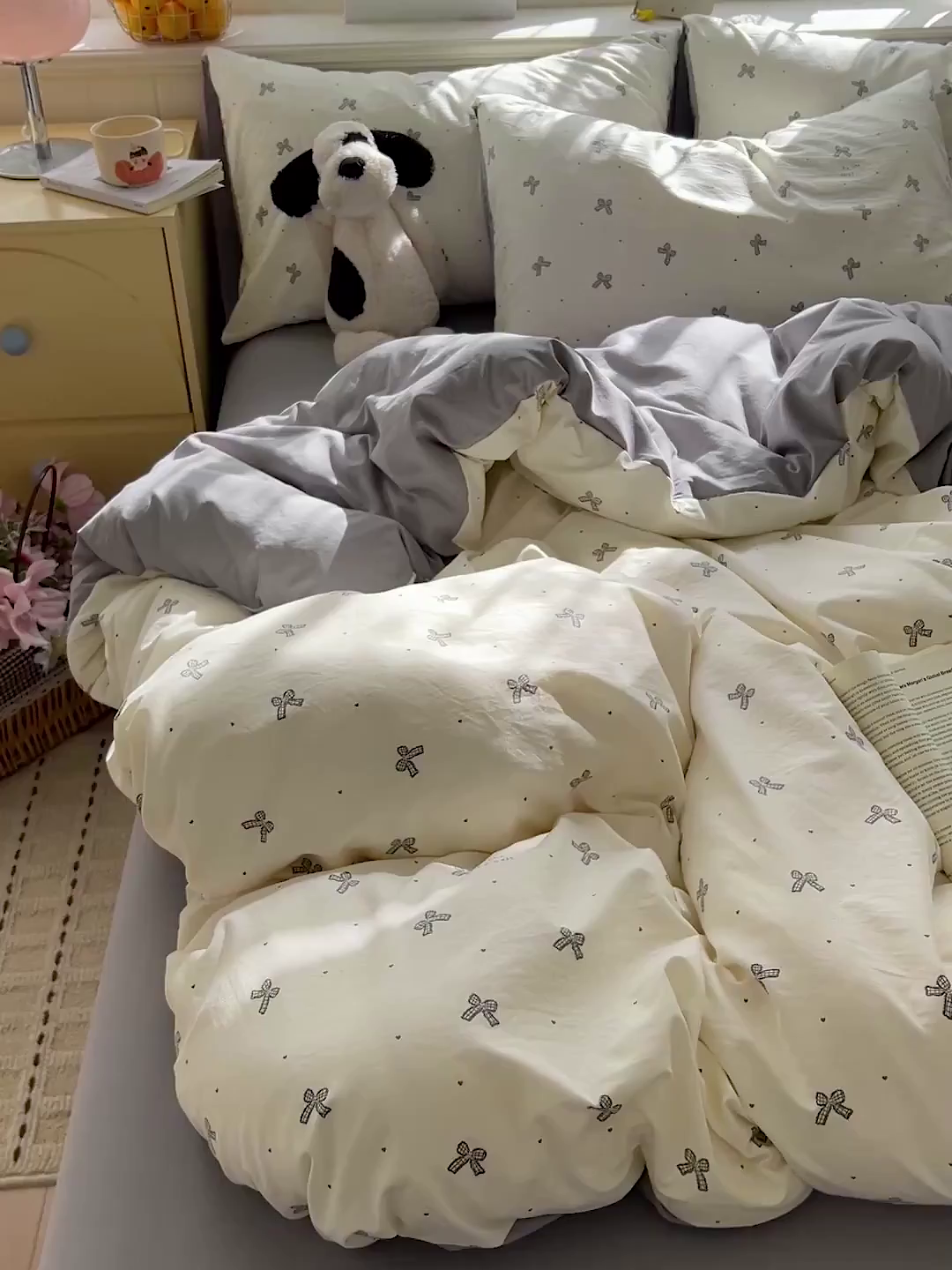 91家纺网 家纺一手货源 找家纺 凯洛奇 2026新款A类仿棉四件套古法水洗棉小清新印花四件套单被套系列 黑色蝴蝶结
