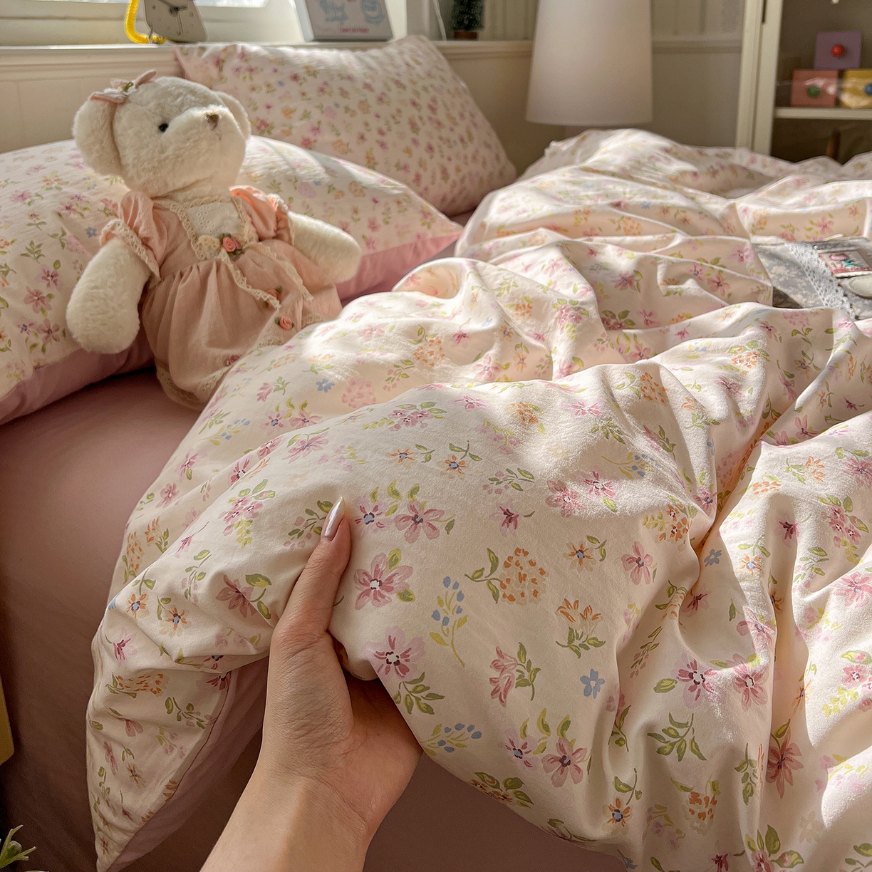 91家纺网 家纺一手货源 找家纺 凯洛奇 2026新款A类仿棉四件套古法水洗棉小清新印花四件套单被套系列 花意飘香