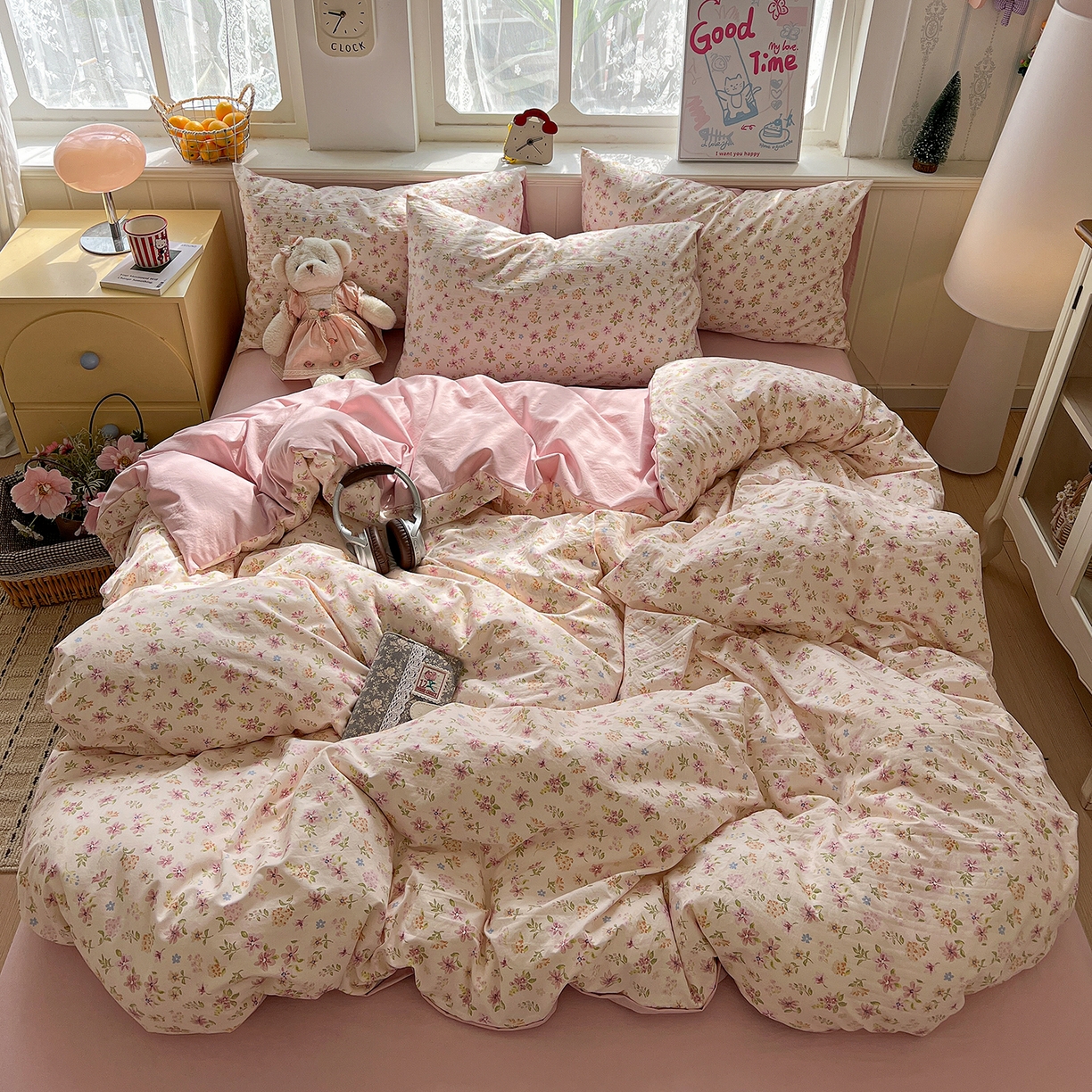 91家纺网 家纺一手货源 找家纺 凯洛奇 2026新款A类仿棉四件套古法水洗棉小清新印花四件套单被套系列 花意飘香