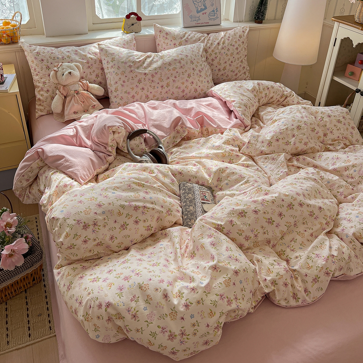 91家纺网 家纺一手货源 找家纺 凯洛奇 2026新款A类仿棉四件套古法水洗棉小清新印花四件套单被套系列 花意飘香