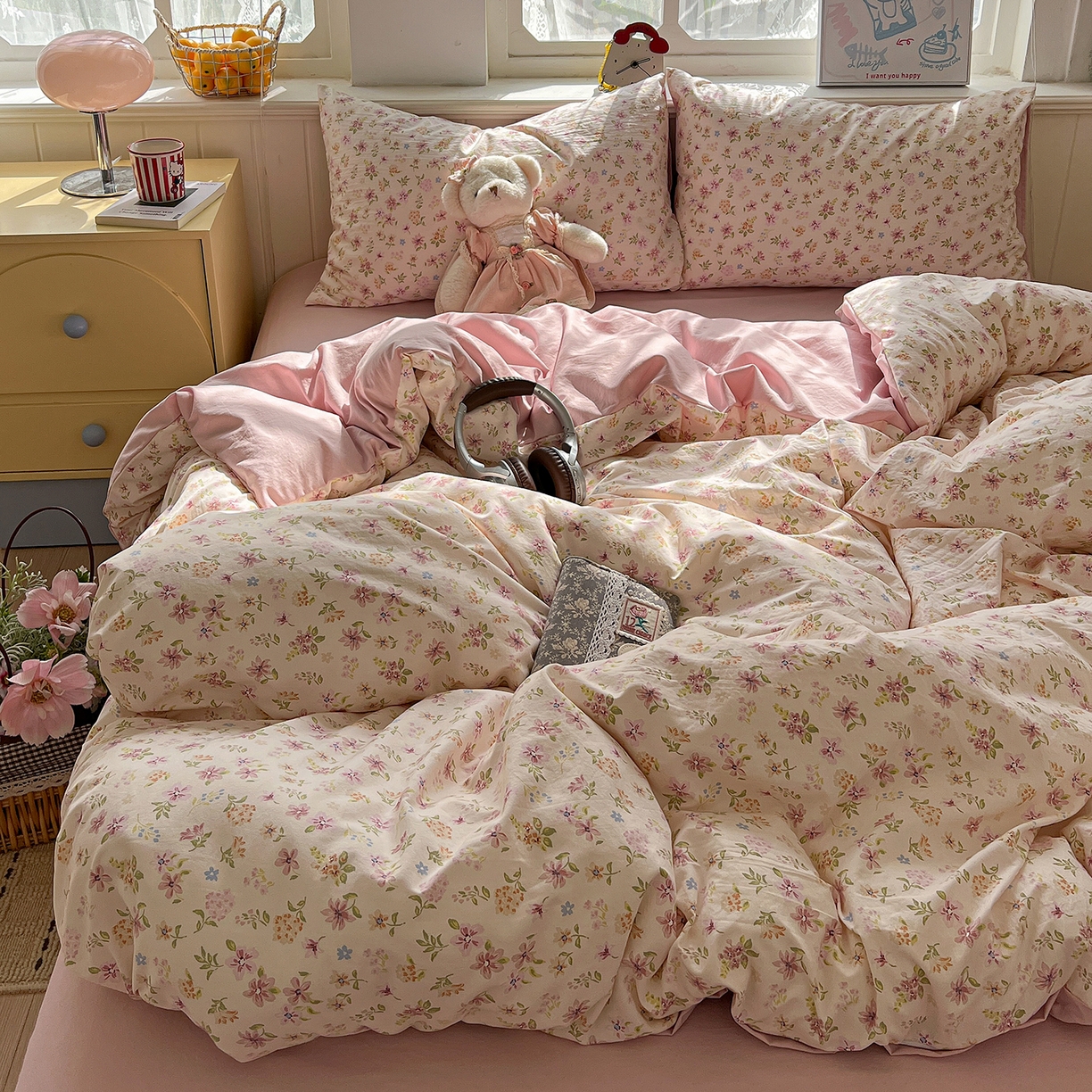 91家纺网 家纺一手货源 找家纺 凯洛奇 2026新款A类仿棉四件套古法水洗棉小清新印花四件套单被套系列 花意飘香