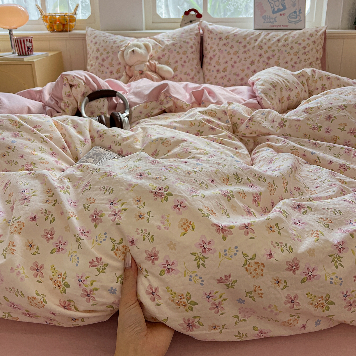 91家纺网 家纺一手货源 找家纺 凯洛奇 2026新款A类仿棉四件套古法水洗棉小清新印花四件套单被套系列 花意飘香