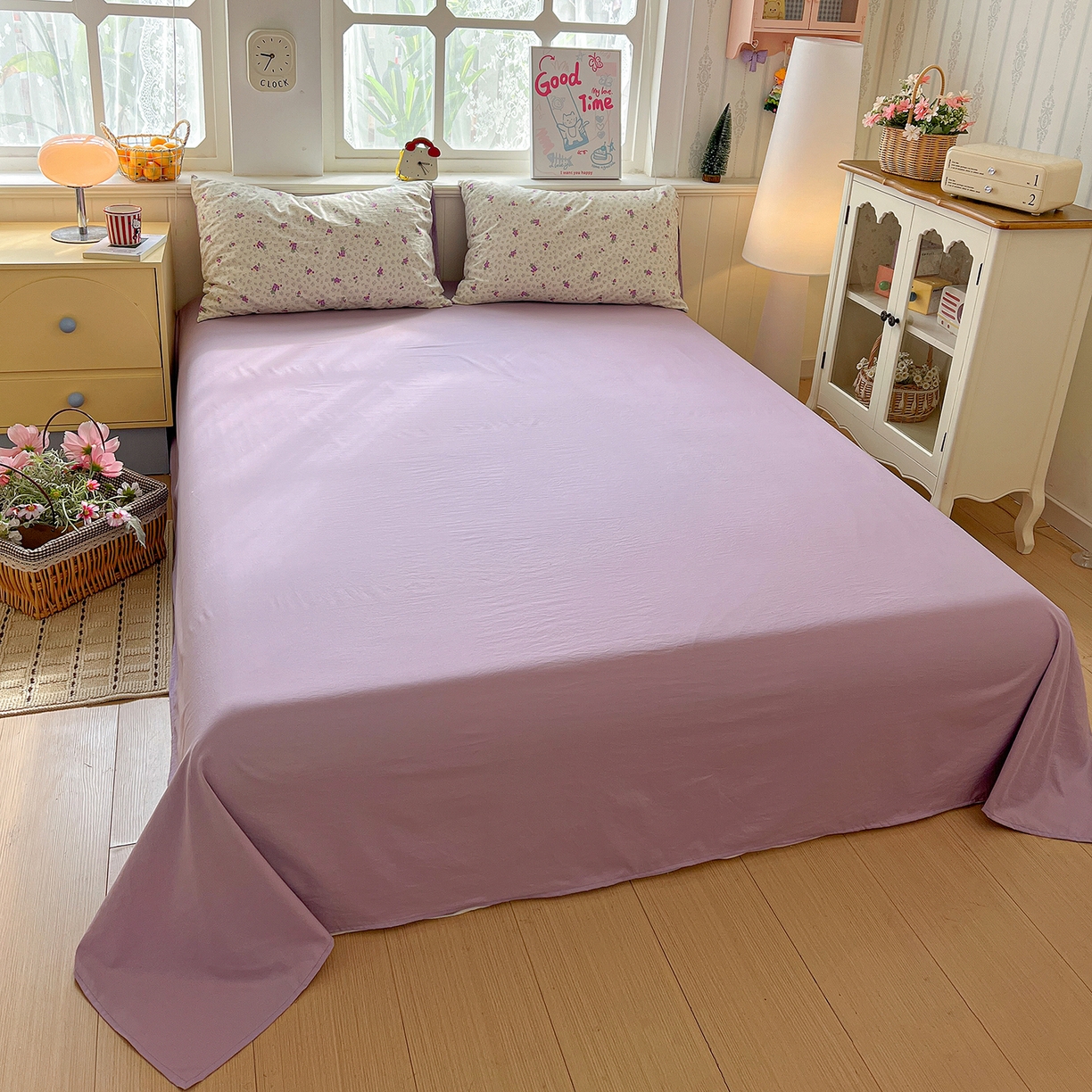 91家纺网 家纺一手货源 找家纺 凯洛奇 2026新款A类仿棉四件套古法水洗棉小清新印花四件套单被套系列 桔梗紫