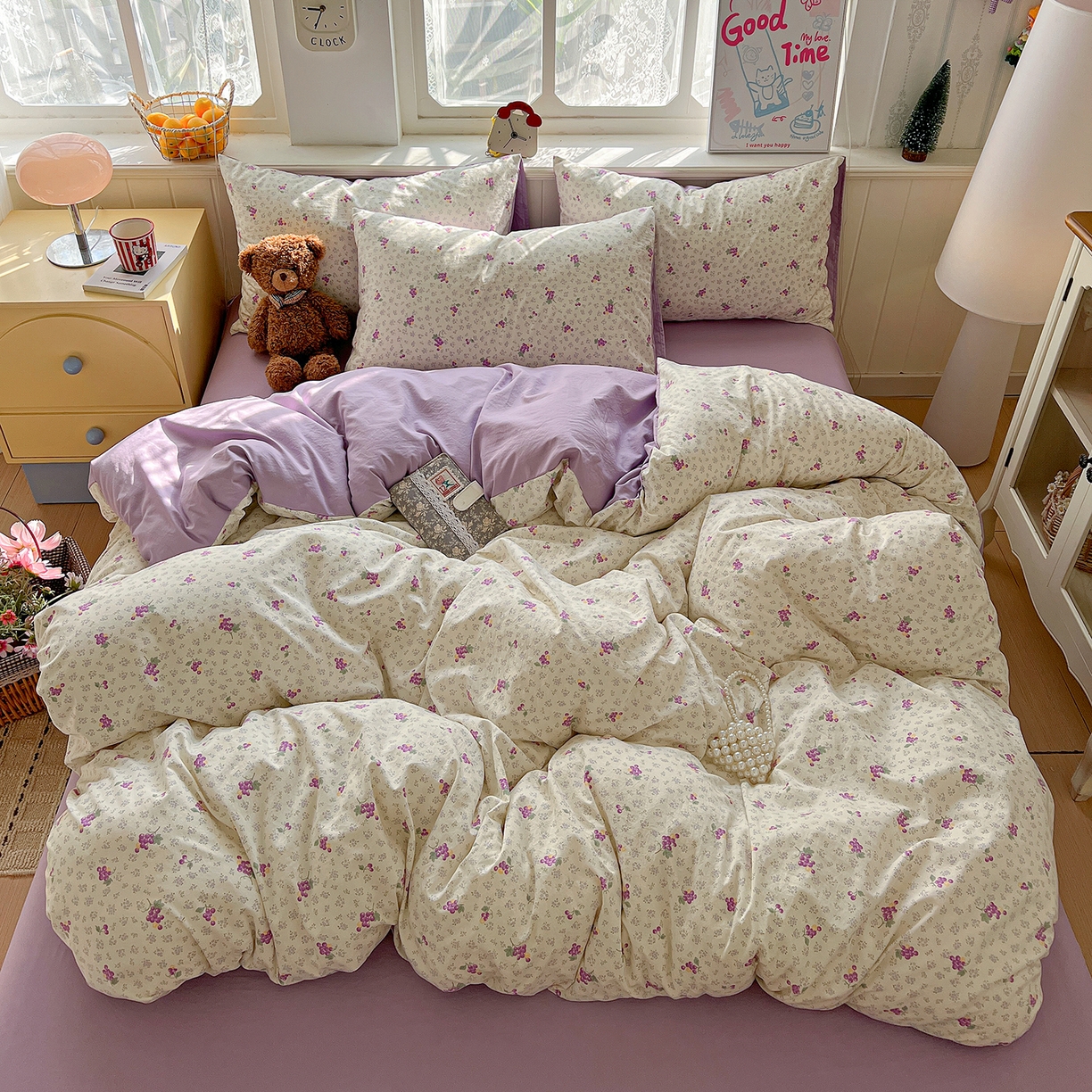 91家纺网 家纺一手货源 找家纺 凯洛奇 2026新款A类仿棉四件套古法水洗棉小清新印花四件套单被套系列 桔梗紫