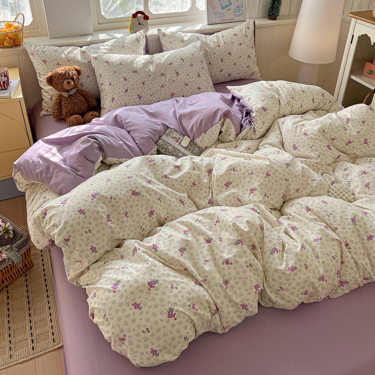 91家纺网 家纺一手货源 找家纺 凯洛奇 2026新款A类仿棉四件套古法水洗棉小清新印花四件套单被套系列 桔梗紫