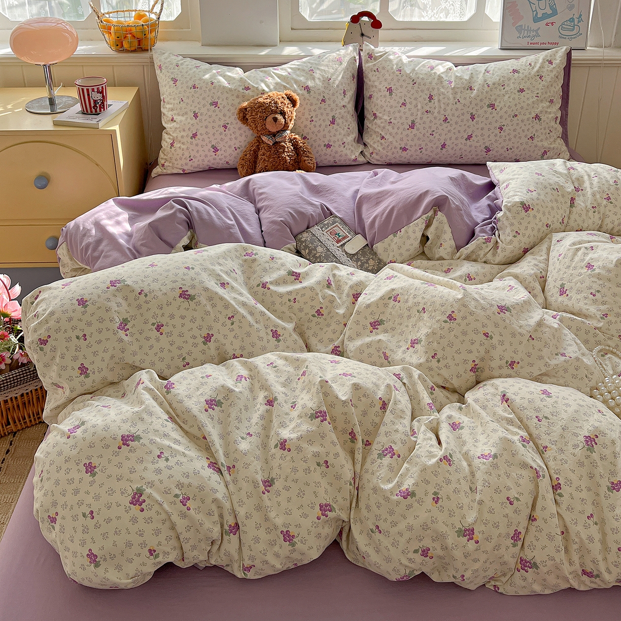 91家纺网 家纺一手货源 找家纺 凯洛奇 2026新款A类仿棉四件套古法水洗棉小清新印花四件套单被套系列 桔梗紫