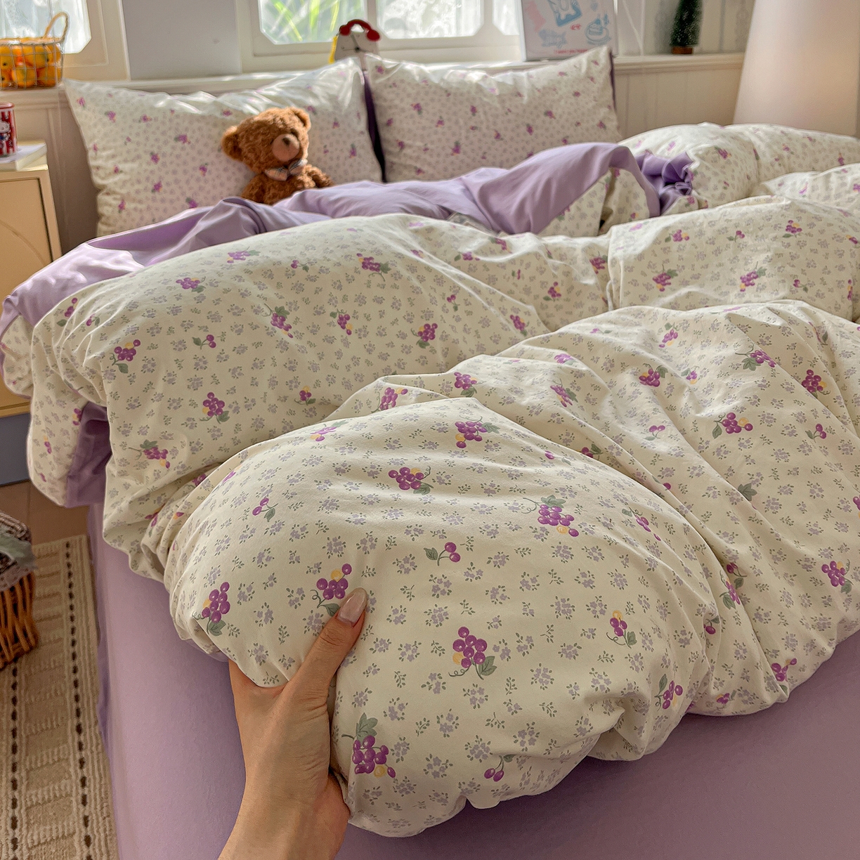 91家纺网 家纺一手货源 找家纺 凯洛奇 2026新款A类仿棉四件套古法水洗棉小清新印花四件套单被套系列 桔梗紫