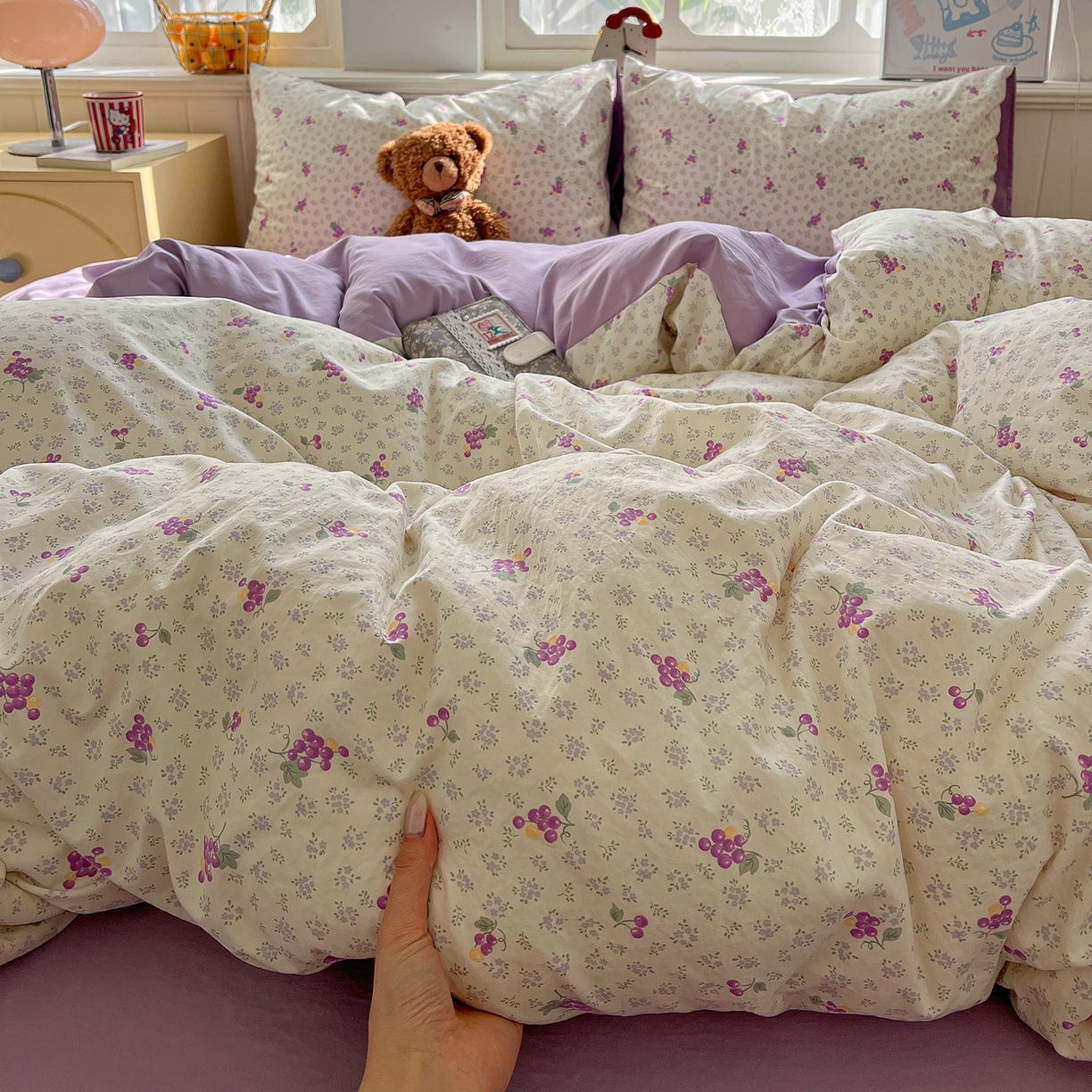 91家纺网 家纺一手货源 找家纺 凯洛奇 2026新款A类仿棉四件套古法水洗棉小清新印花四件套单被套系列 桔梗紫