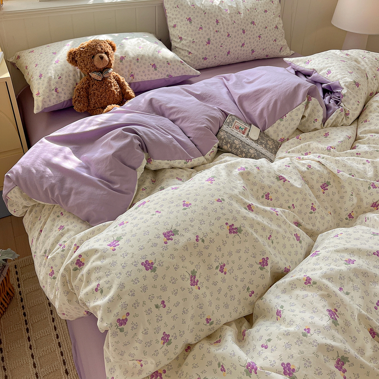 91家纺网 家纺一手货源 找家纺 凯洛奇 2026新款A类仿棉四件套古法水洗棉小清新印花四件套单被套系列 桔梗紫