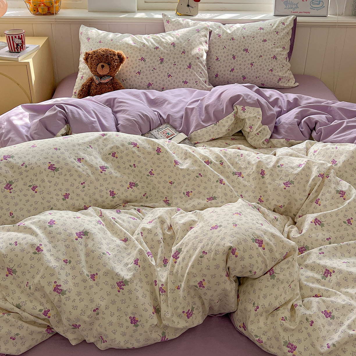 91家纺网 家纺一手货源 找家纺 凯洛奇 2026新款A类仿棉四件套古法水洗棉小清新印花四件套单被套系列 桔梗紫