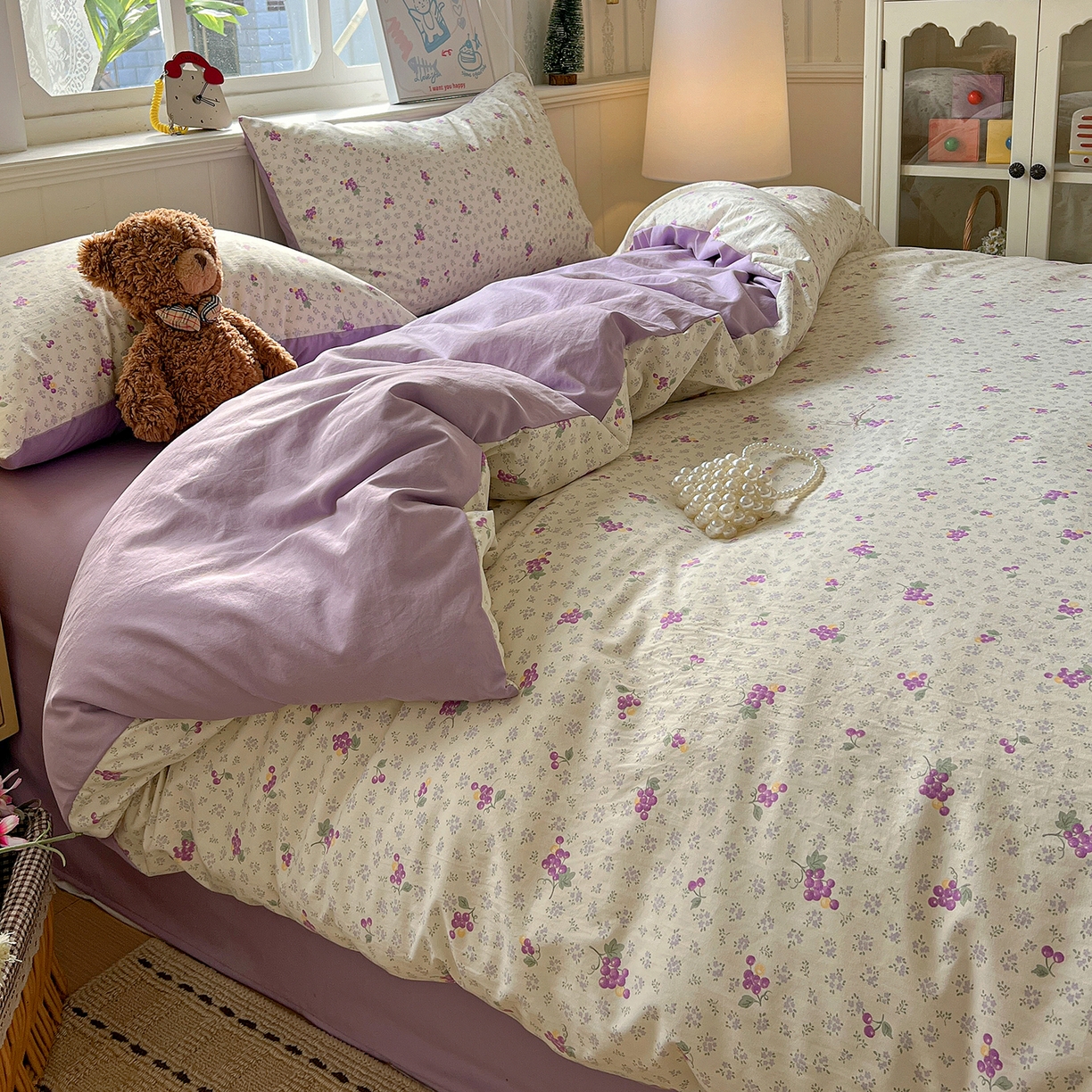 91家纺网 家纺一手货源 找家纺 凯洛奇 2026新款A类仿棉四件套古法水洗棉小清新印花四件套单被套系列 桔梗紫