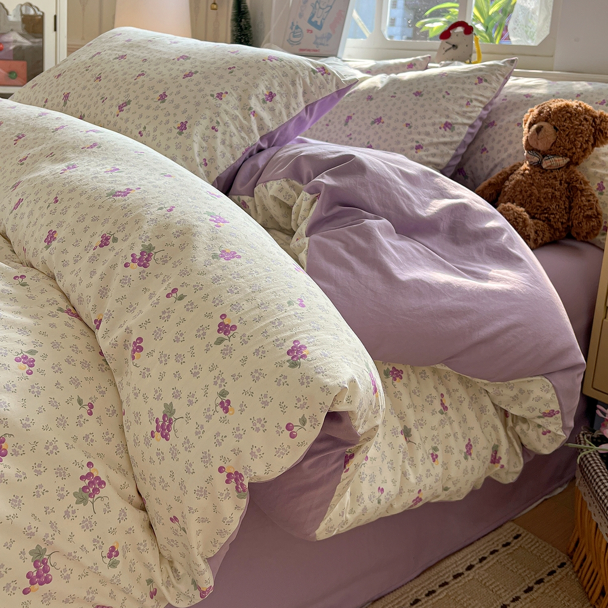 91家纺网 家纺一手货源 找家纺 凯洛奇 2026新款A类仿棉四件套古法水洗棉小清新印花四件套单被套系列 桔梗紫