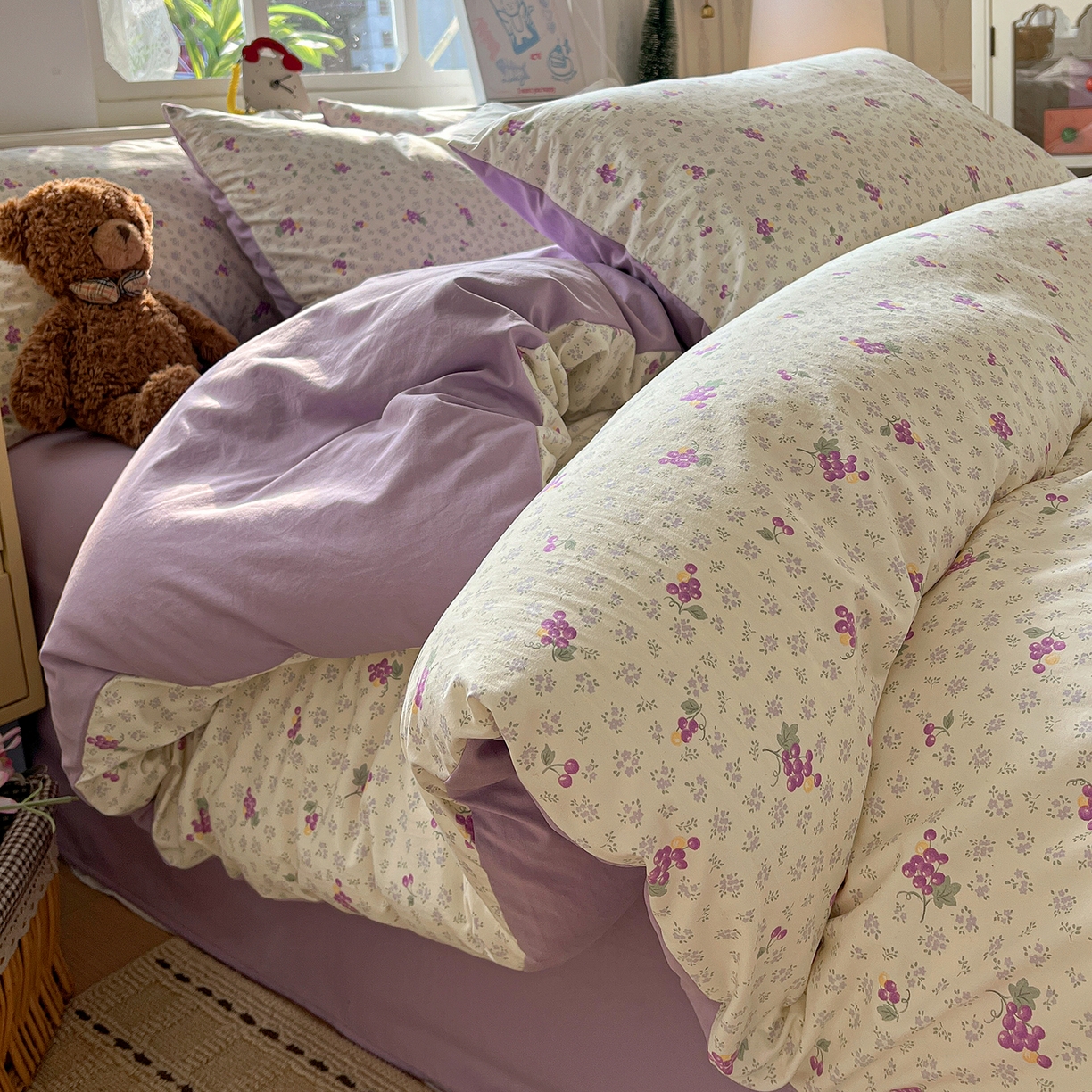 91家纺网 家纺一手货源 找家纺 凯洛奇 2026新款A类仿棉四件套古法水洗棉小清新印花四件套单被套系列 桔梗紫