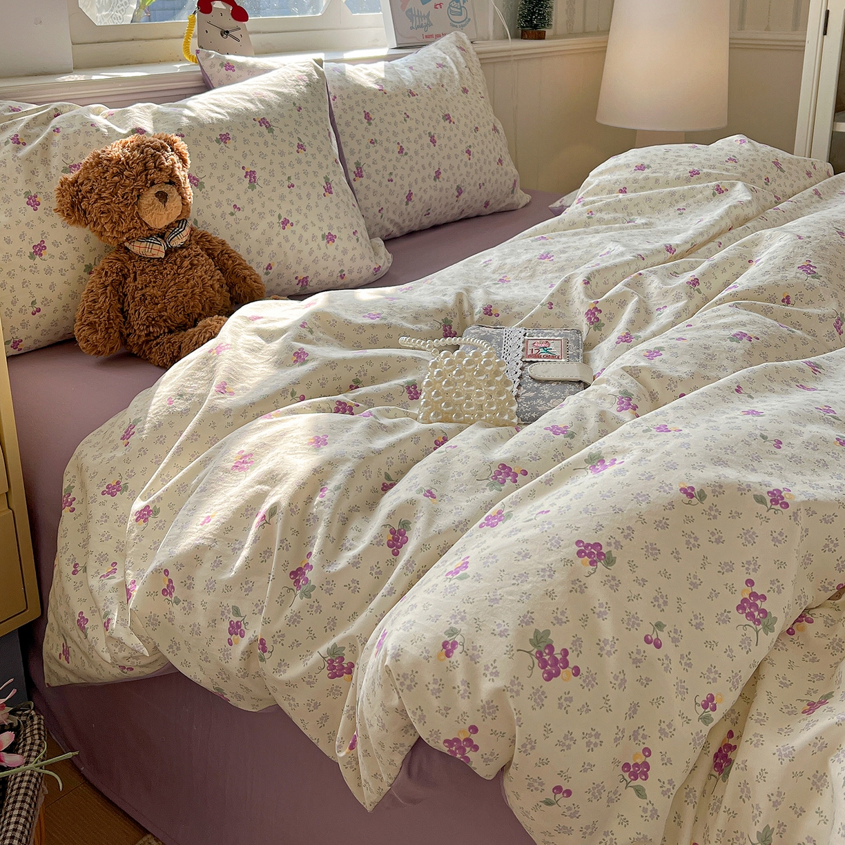 91家纺网 家纺一手货源 找家纺 凯洛奇 2026新款A类仿棉四件套古法水洗棉小清新印花四件套单被套系列 桔梗紫