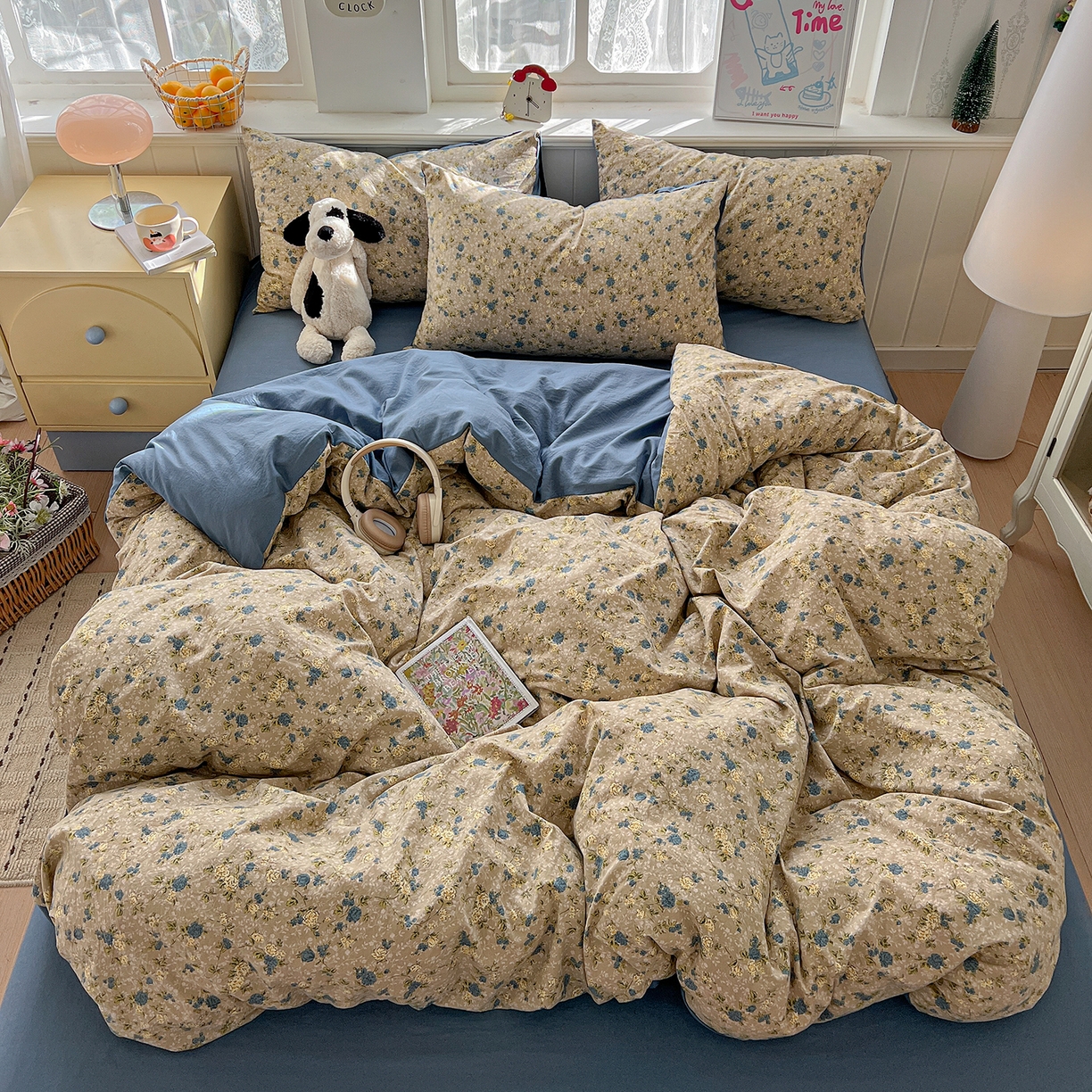 91家纺网 家纺一手货源 找家纺 凯洛奇 2026新款A类仿棉四件套古法水洗棉小清新印花四件套单被套系列 蓝色玫瑰